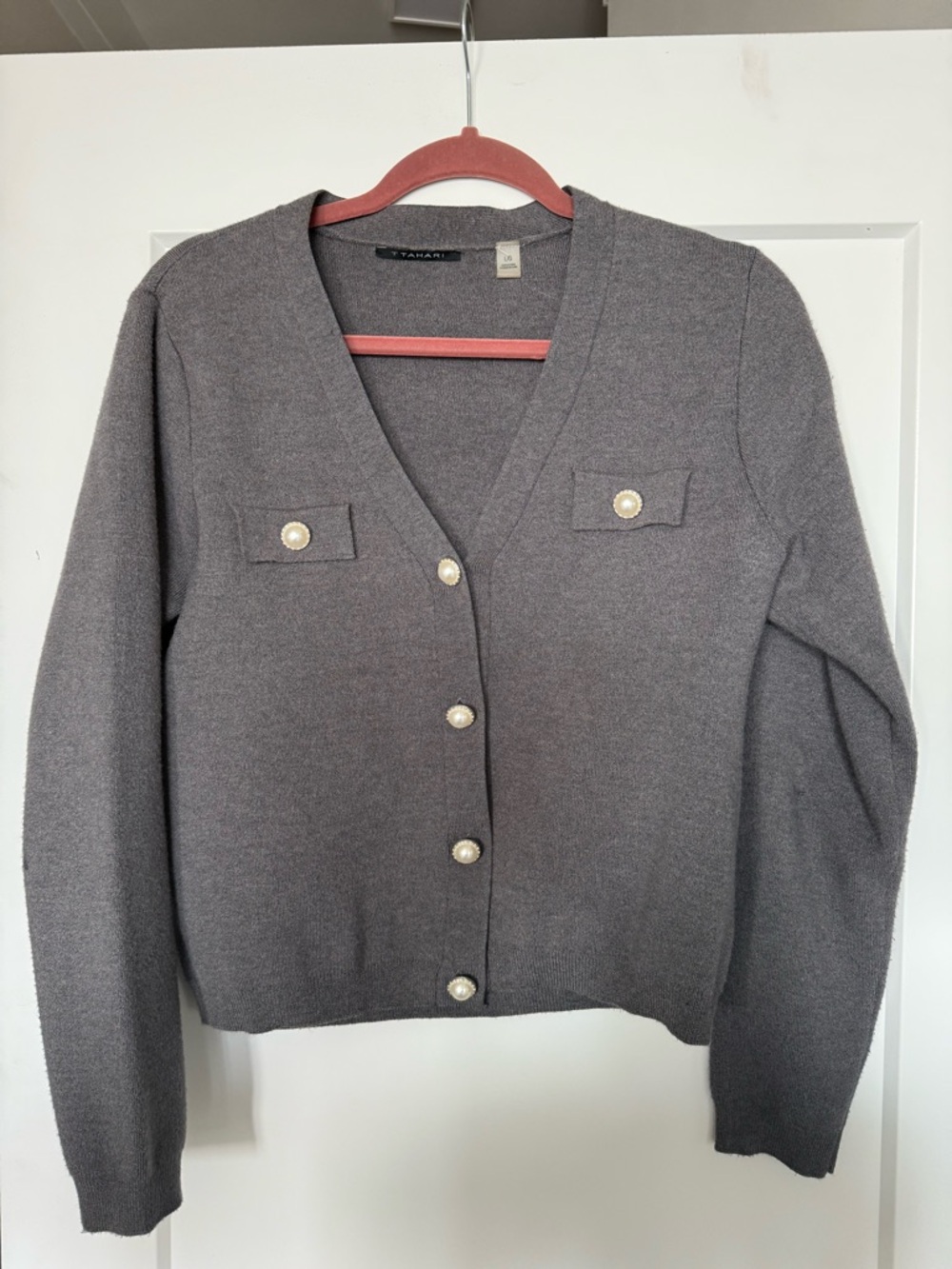 Tahari Gray Pearl-Button V-Neck Cardigan